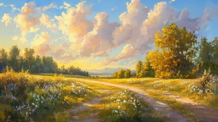 Obraz premium Vibrant countryside landscape at sunset with lush greenery and clouds
