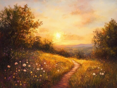 Serene countryside landscape with a winding path at sunset