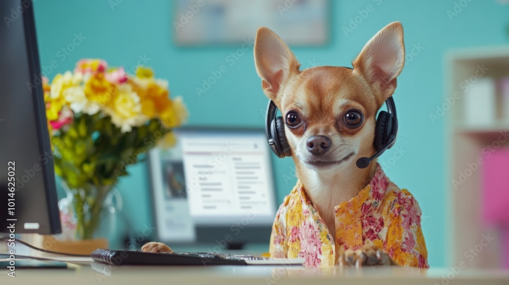 Poster A chihuahua wearing a floral shirt and a headset is sitting at a desk. Behind the chihuahua is a computer monitor and a vase of flowers.