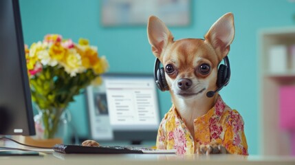 A chihuahua wearing a floral shirt and a headset is sitting at a desk. Behind the chihuahua is a computer monitor and a vase of flowers.