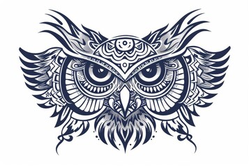 Owl head with tribal patterns in a drawing book style.