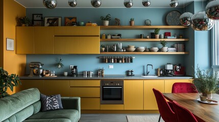 Chic flat with goldenrod kitchen cabinets, wooden shelves, powder blue walls, silver lighting, olive green sofa, and ruby red dining chairs
