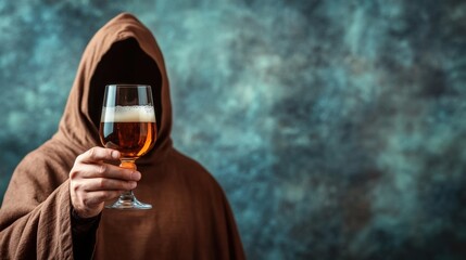 Monk in Brown Robe Holding a Glass of Beer Against a Rustic Background, AI