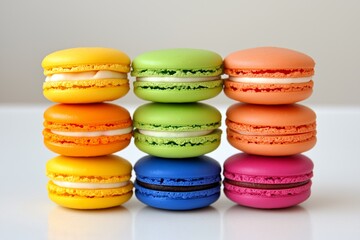 Row of colorful macaroons with different flavors. macaroons are arranged in a row and are of different colors. macarons come in a variety of colors: white, cream, reddish pink, green, blue, yellow