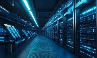 Obraz premium Servers in a data center with blue lights.