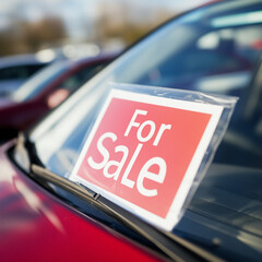 Red "For Sale" Sign on Car Windshield in Parking Lot