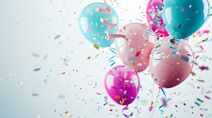 Playful image of amusement park balloons and streamers, floating against a bright white background