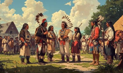 Native Americans meet in front of crowd.
