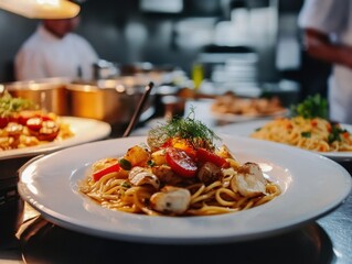 Chef preparing gourmet pasta dish in a busy restaurant kitchen.