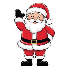 Cartoon Santa Claus cheerfully waving his hand, dressed in his traditional red suit and hat, spreading holiday joy
