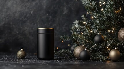 Elegant black container beside a beautifully decorated Christmas tree, creating a cozy festive atmosphere.