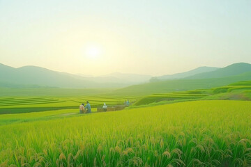 A serene view of rice paddies in a lush rural landscape, with farmers working under the warm sun