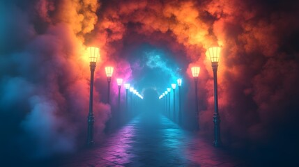 Fototapeta premium Neon Street Lights In Foggy Night - Cyberpunk Background With Colorful Atmosphere, 3D Render.