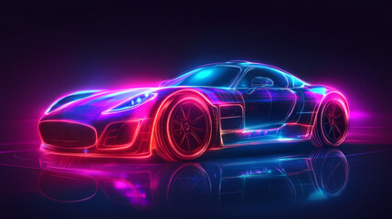 Vector illustration of an abstract futuristic neon-glowing concept car silhouette.