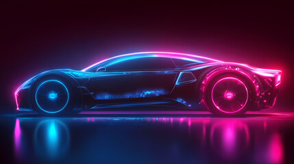 Vector illustration of an abstract futuristic neon-glowing concept car silhouette.