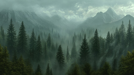 A breathtaking view of a dense evergreen forest shrouded in thick mist, creating a serene and mysterious atmosphere.

