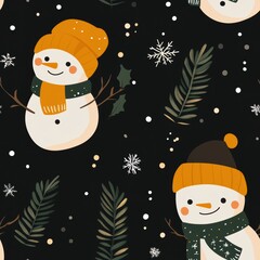 Cartoon Style Seamless Pattern with Snowmen and Flora