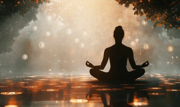 Silhouette meditates amidst glowing Bitcoin symbols.