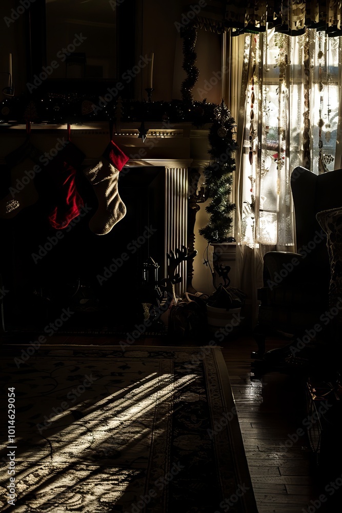 Sticker A room with a fireplace and a Christmas tree. A red stocking is hanging from the fireplace mantle