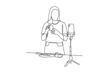 Obraz premium simple continuous line drawing of a woman is promoting her merchandise. Food vlogger minimalist concept. Food, people, simple line.