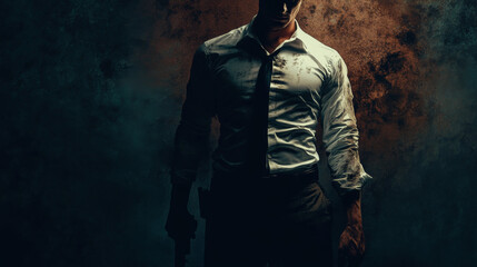 Fototapeta premium Low-angle shot of a man in formal attire holding a gun, with dim, moody lighting, evoking suspense and tension.