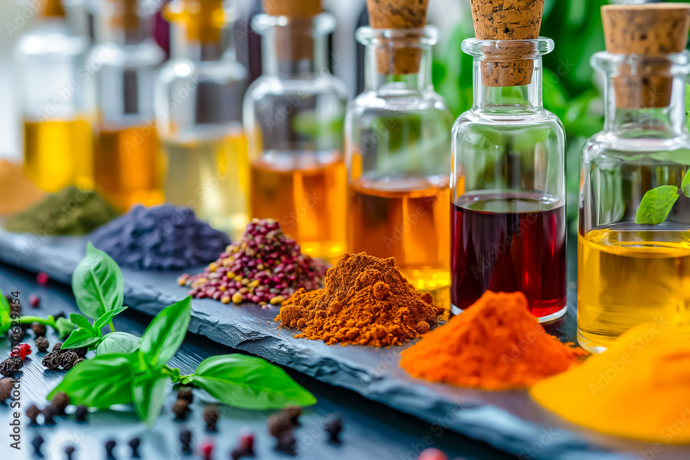 Aufkleber a vibrant array of spices, powders, and oils is meticulously arranged on a slate board, showcasing a