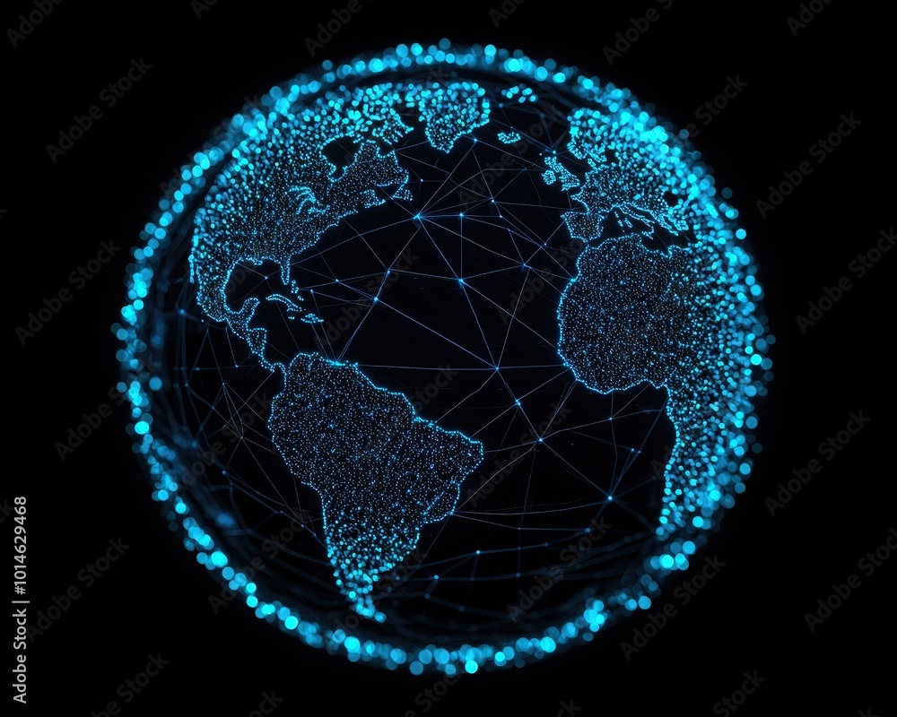 Poster a digital illustration of the earth, showcasing a network of blue, glowing lines and dots that repre