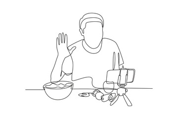 simple continuous line drawing of a food vlogger greets his fans on camera. Food vlogger minimalist concept. Food, people, simple line.