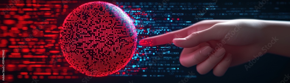 Poster a glowing red sphere is touched by a hand, with digital patterns cascading in the background, symbol