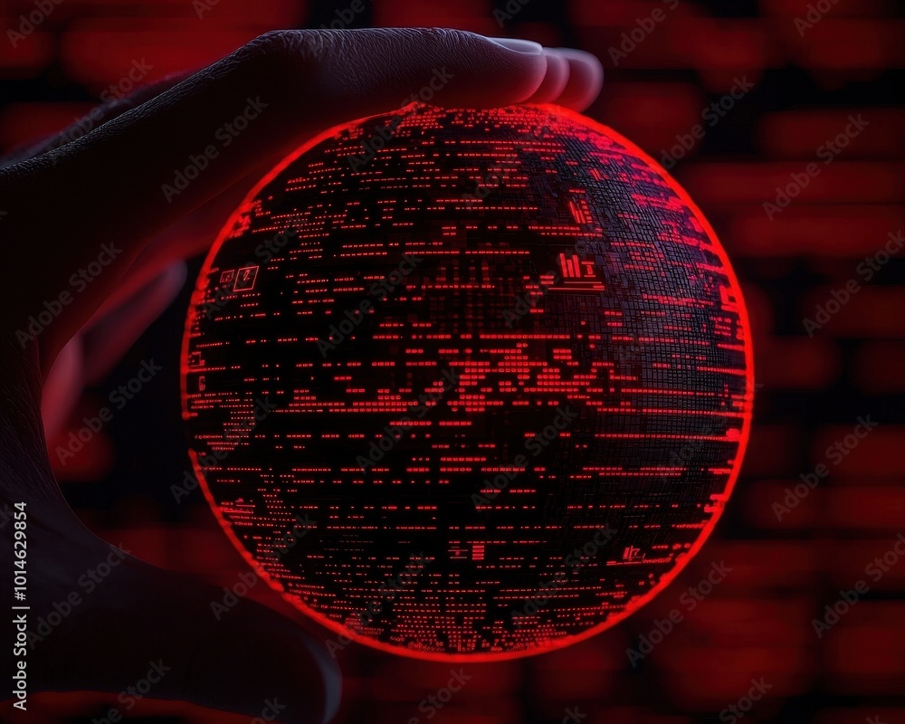 Poster a hand holds a glowing red sphere with digital patterns, set against a dark, pixelated background, e