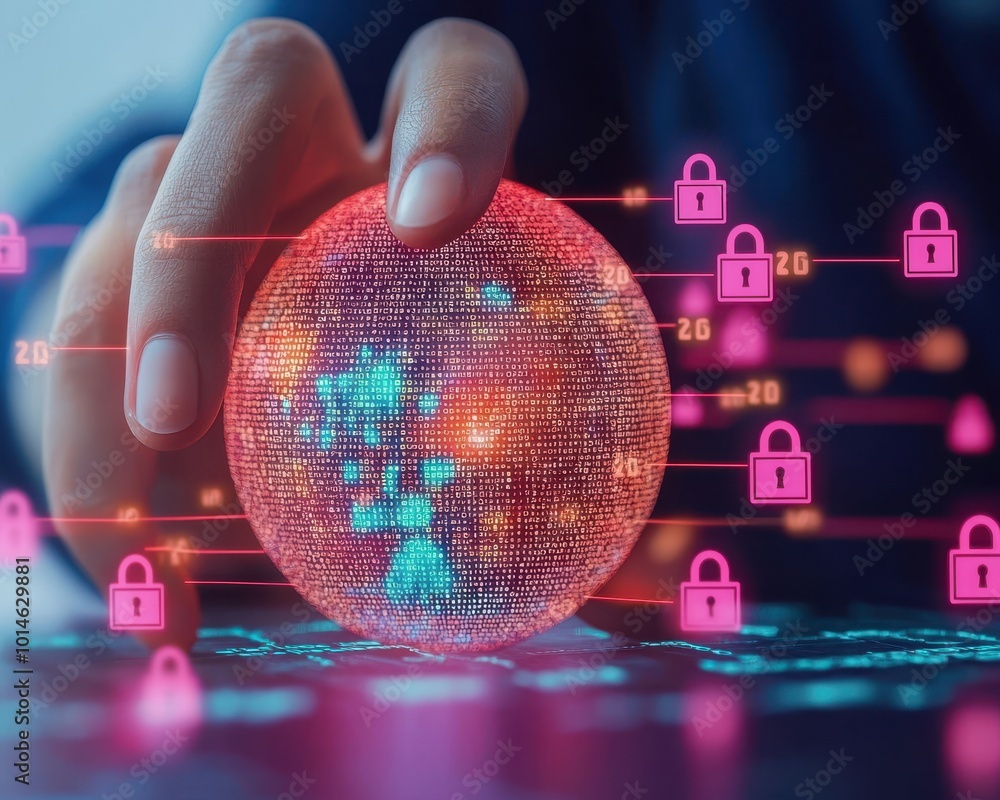 Poster a hand interacts with a glowing sphere, surrounded by lock icons, symbolizing digital security and d