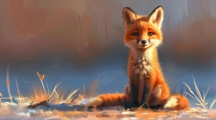 A charming digital painting of a young fox sitting in a tranquil natural environment, featuring warm tones and soft lighting.