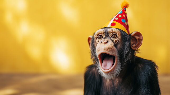 Happy Birthday, Chimp, Chimpanzee, monkey, party hat, yellow background, mouth wide open, cute