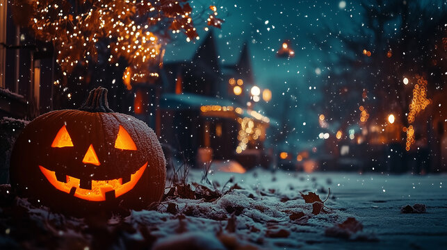 Pumpkin background, snowing at night, street, outside, halloween, autumn, October, celebratiom