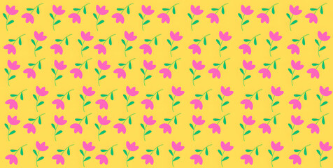 Seamless floral pattern with pink flowers and yellow background