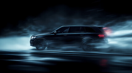 Vector illustration of a fast moving black SUV car with wind lines racing at high speed in a foggy night. Black and white automotive horizontal poster banner design in a luxury style.