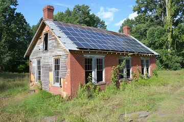 Fototapeta premium A weathered, red brick building with a solar panel roof stands in a field, surrounded by tall grass and trees.