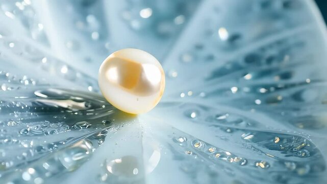 White pearls on a blue leaf background, soft light highlights its natural shine and texture. This is an elegant decoration
