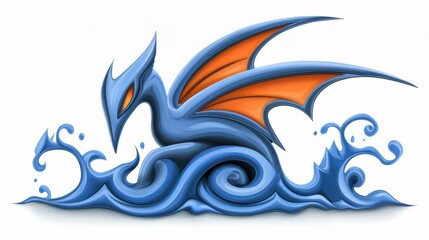Naklejka premium Blue Dragon with Orange Wings in Ocean Waves Artwork