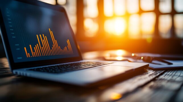 A laptop displays a vibrant graph against a beautiful sunset, representing data analysis and business growth.