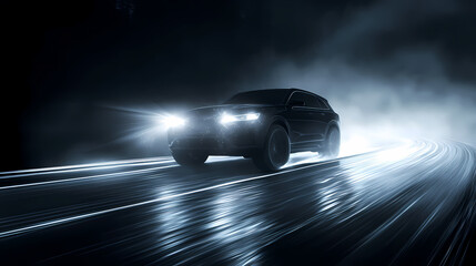 Vector illustration of a fast moving black SUV car with wind lines racing at high speed in a foggy night. Black and white automotive horizontal poster banner design in a luxury style.