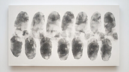 Naklejka premium A set of black ink fingerprints arranged in a row on white paper, symbolizing identity, security, and forensic analysis.