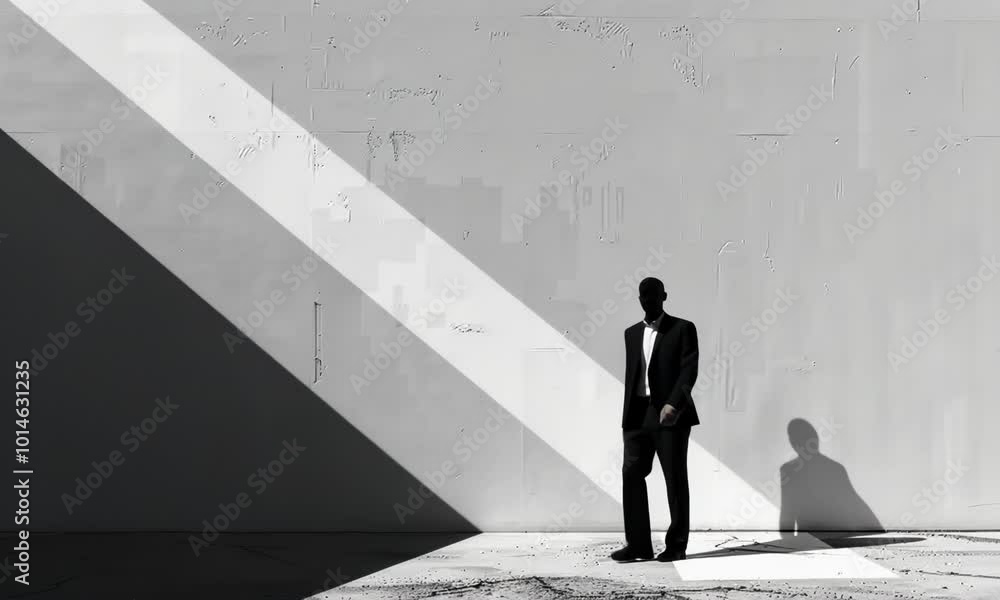 Poster a man is walking in front of a building with a shadow on the ground video