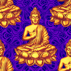 Fototapeta premium Enlightened Buddha in Gold: Seamless Vector Pattern with Lotus and Spiritual Serenity. Buddha Meditation Flow Vector