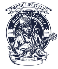 Elderly Afro American bluesman playing slide guitar. Template for posters, textiles, apparels and t-shirt design. Musical art. Blues music concept