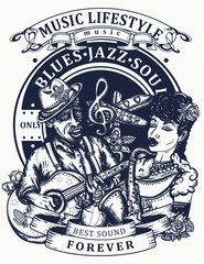 Obraz premium Blues music. Template for posters, textiles. Musical art. Beautiful black jazz woman, saxophone. Retro musical legend.Template for posters, textiles, apparels and t-shirt design