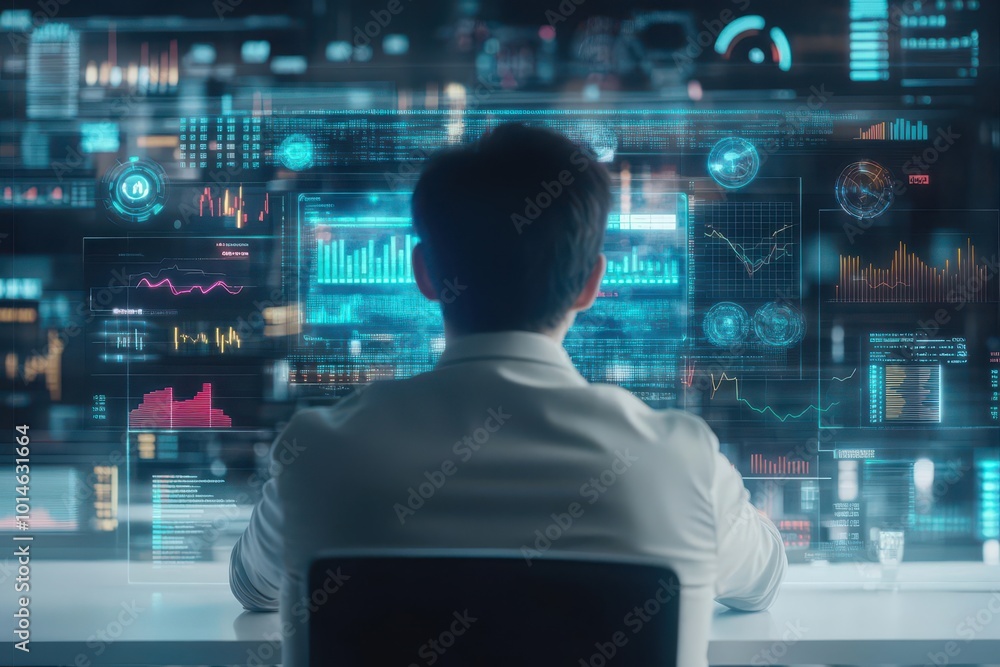 Poster a ceo reviewing business analytics on a holographic screen, surrounded by data streams and financial