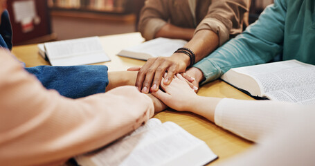 Table, holding hands and group with faith, praying and friends with belief, Christian and God....