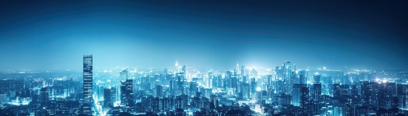 A city skyline at night in black and white, the lights of the buildings glowing softly against a dark sky