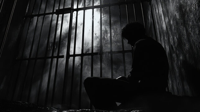 A dramatic black-and-white image showing the silhouette of a man sitting in a dimly lit prison cell, conveying themes of isolation and despair.


